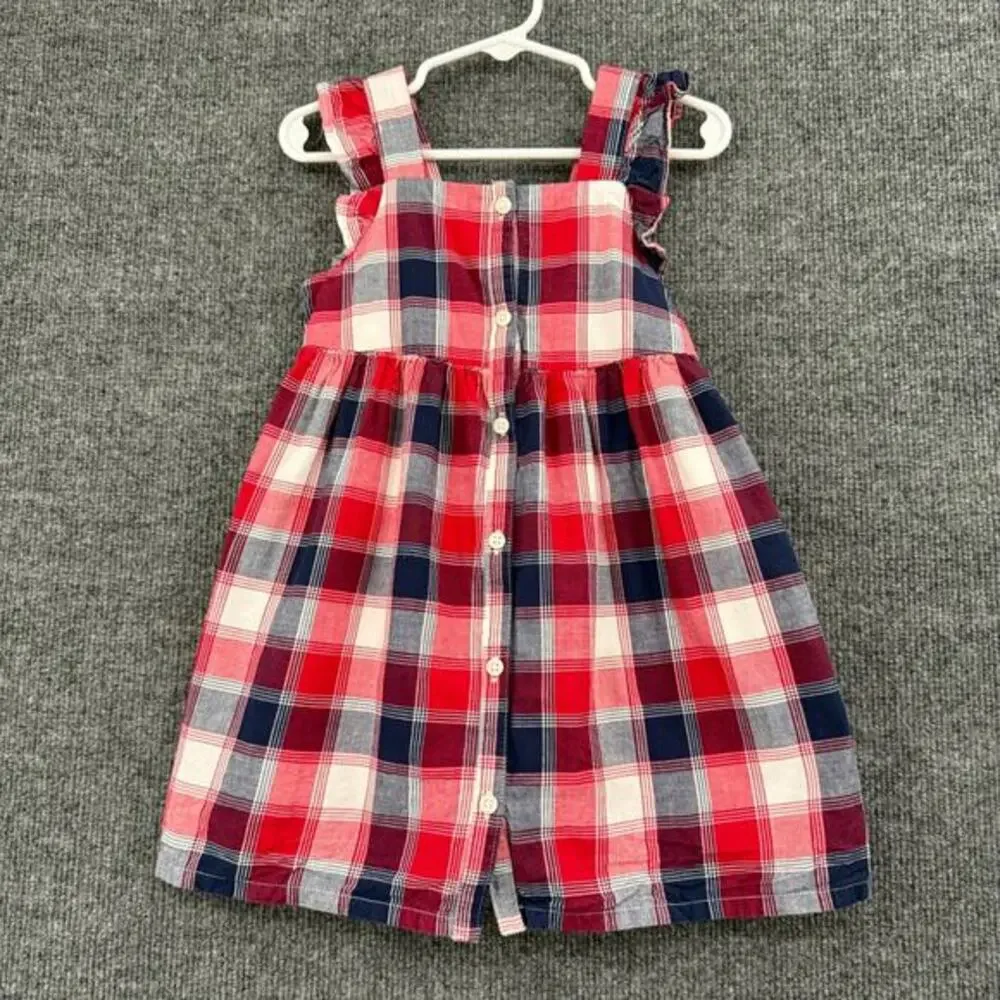 Oshkosh B'gosh Girls Jumper Sleeveless Dress Size 3 Red White Blue Plaid Cotton